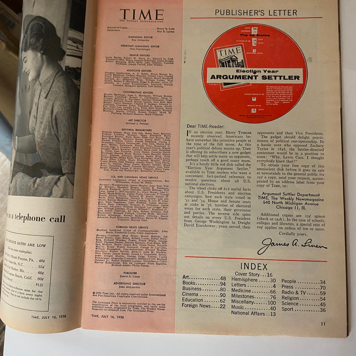 Inside page of VTG Time Magazine July 16, 1956 displaying the publisher's letter and the index, providing a glimpse of the magazine's layout and content organization.