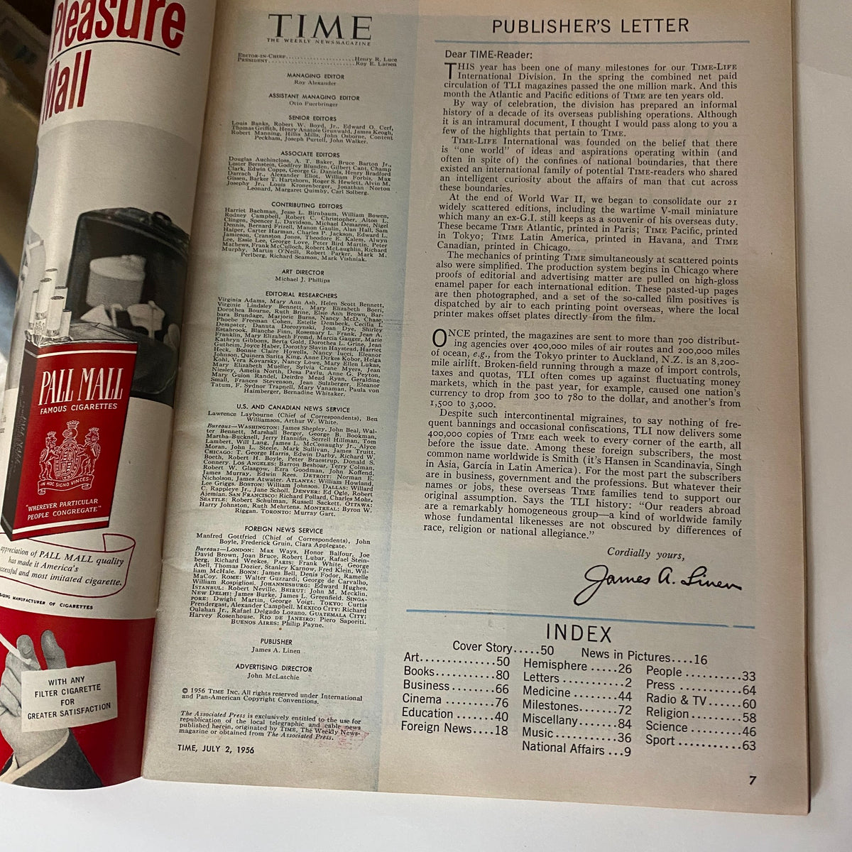 Interior page of the VTG Time Magazine from July 2, 1956, featuring a publisher's letter and an index, showcasing the era's editorial structure.
