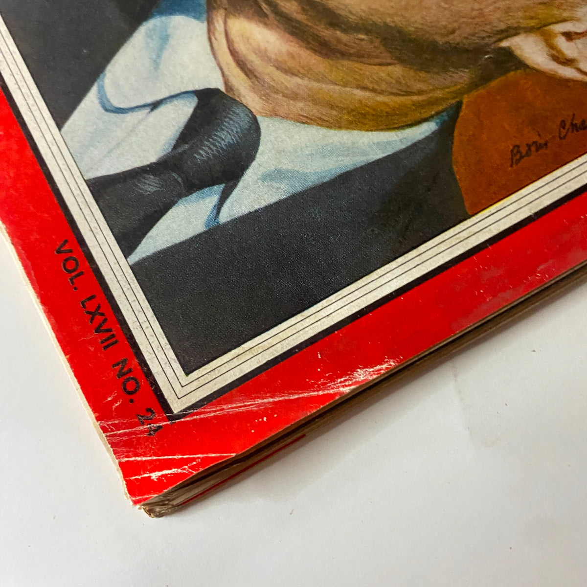 Close-up of the corner of VTG Time Magazine June 11, 1956, highlighting volume number and worn edges, reflecting its vintage quality.