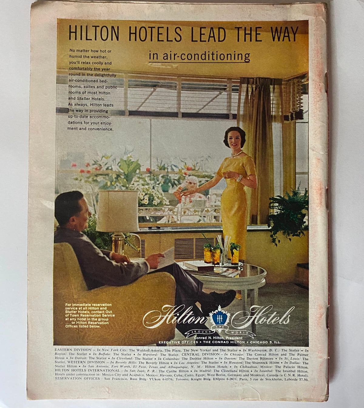 Back cover of VTG Time Magazine June 11, 1956 featuring a vintage advertisement for Hilton Hotels, illustrating 1950s marketing and design.