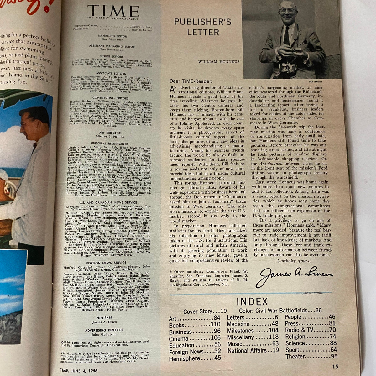 Interior page of Vintage Time Magazine June 4, 1956 including the Publisher's Letter by William Honneus, giving insights into the magazine's content and editorial direction.
