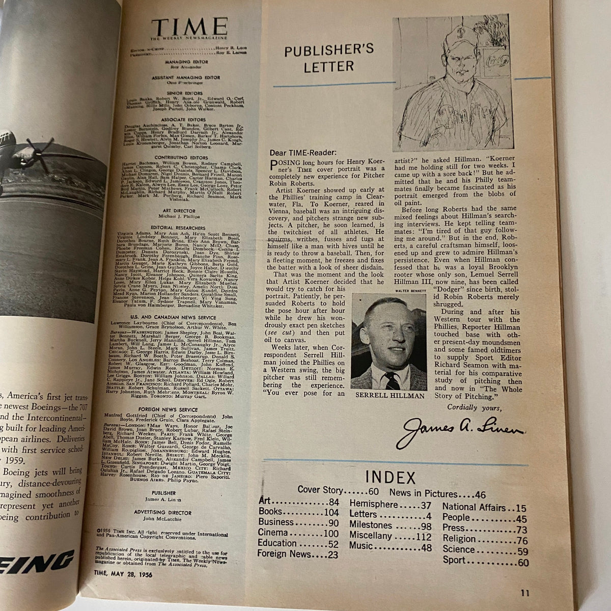 Inside view of VTG Time Magazine from May 28, 1956, featuring publisher's letter and a picture related to pitcher Robin Roberts.