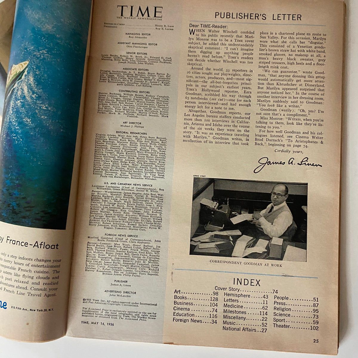 Publisher's letter and index from the vintage Time Magazine May 14, 1956 Vol 67 No. 20 featuring Marilyn Monroe. The page includes contributions from editors and an overview of contents.
