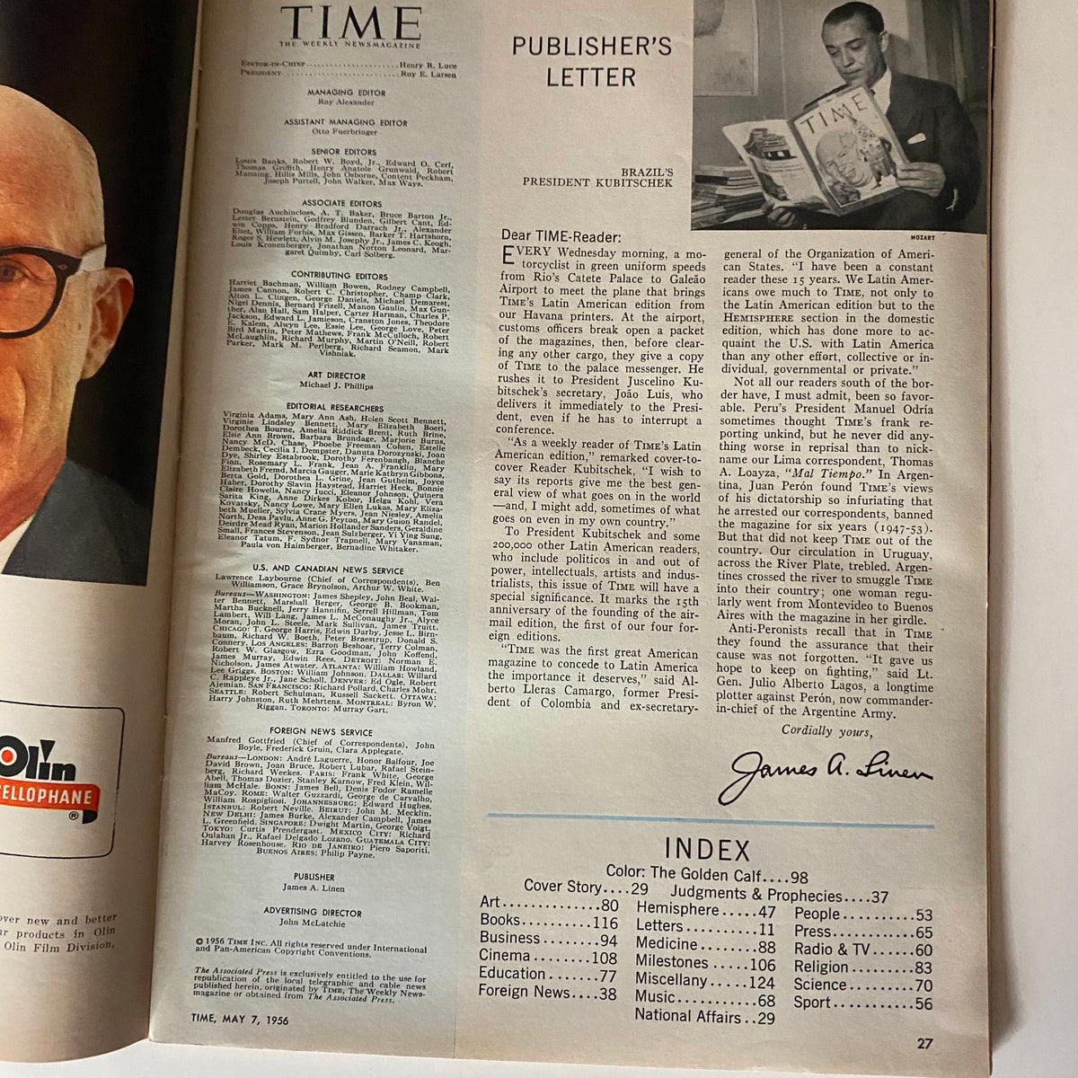 Interior page of Vintage Time Magazine May 7, 1956 showcasing the publisher's letter with a signature and details about the magazine's editorial team.