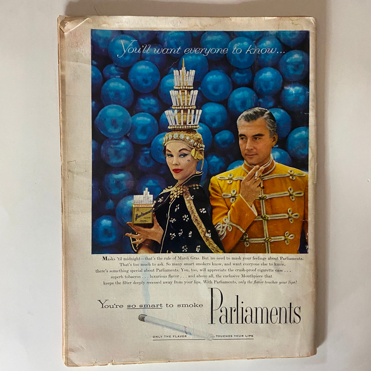 Back cover of Vintage Time Magazine May 7, 1956 advertising Parliaments cigarettes with an illustration featuring a glamorous couple.