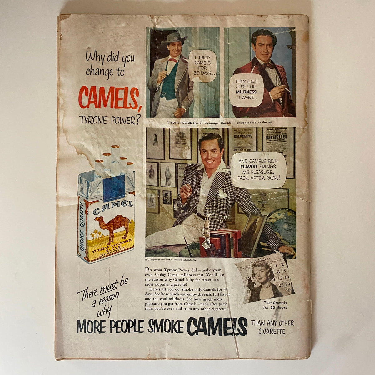 Advertisement page from VTG Time Magazine January 26, 1953, featuring Tyrone Power promoting Camel cigarettes, highlighting mid-20th-century advertising trends.