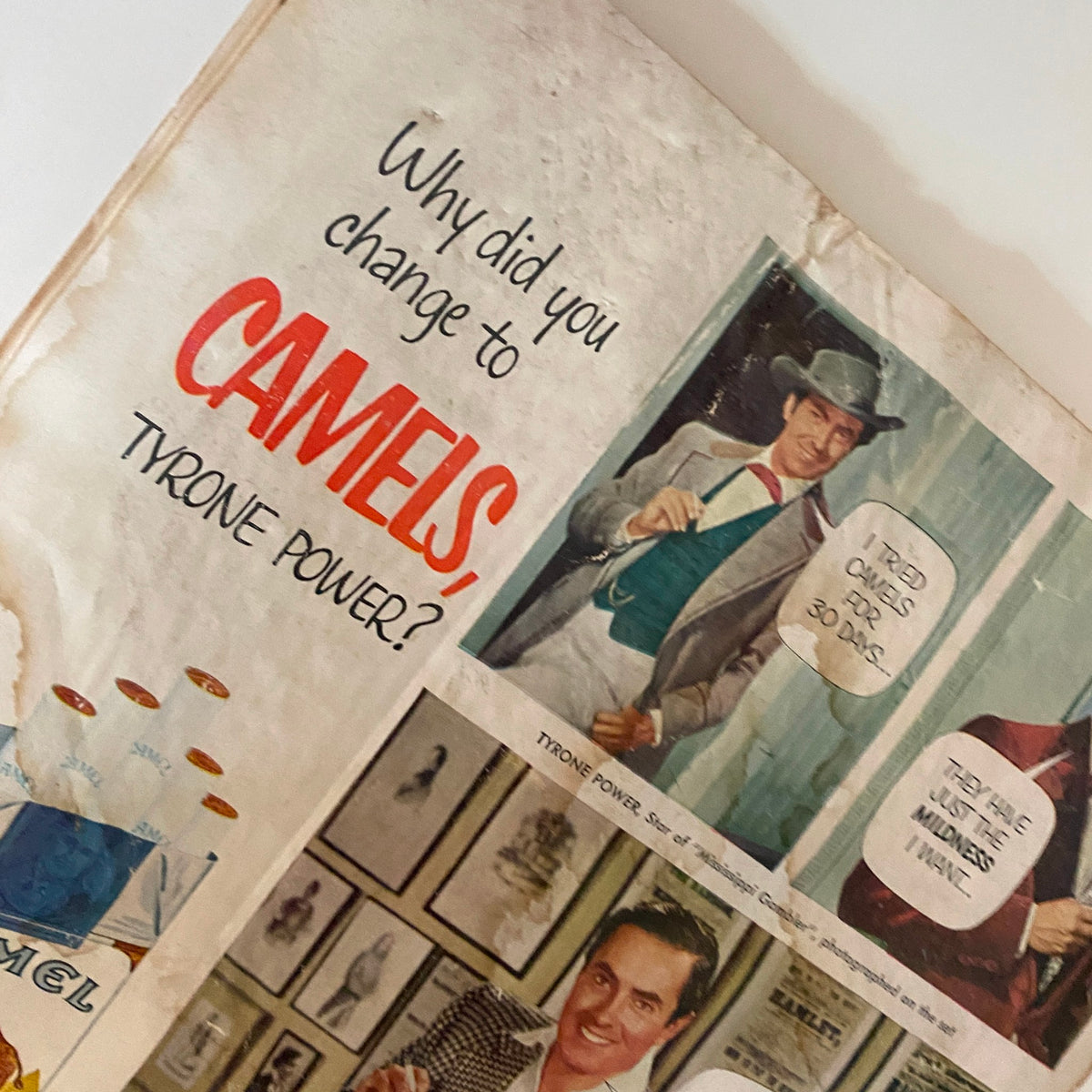 Close-up of an advertisement from VTG Time Magazine January 26, 1953, featuring Tyrone Power with a question about switching to Camel cigarettes.