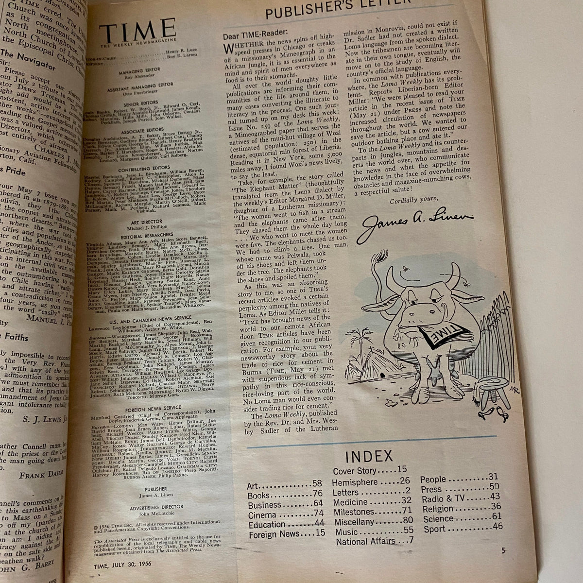 Interior page of VTG Time Magazine July 30, 1956 featuring Publisher's Letter and article index, showcasing the editorial team and publication details.