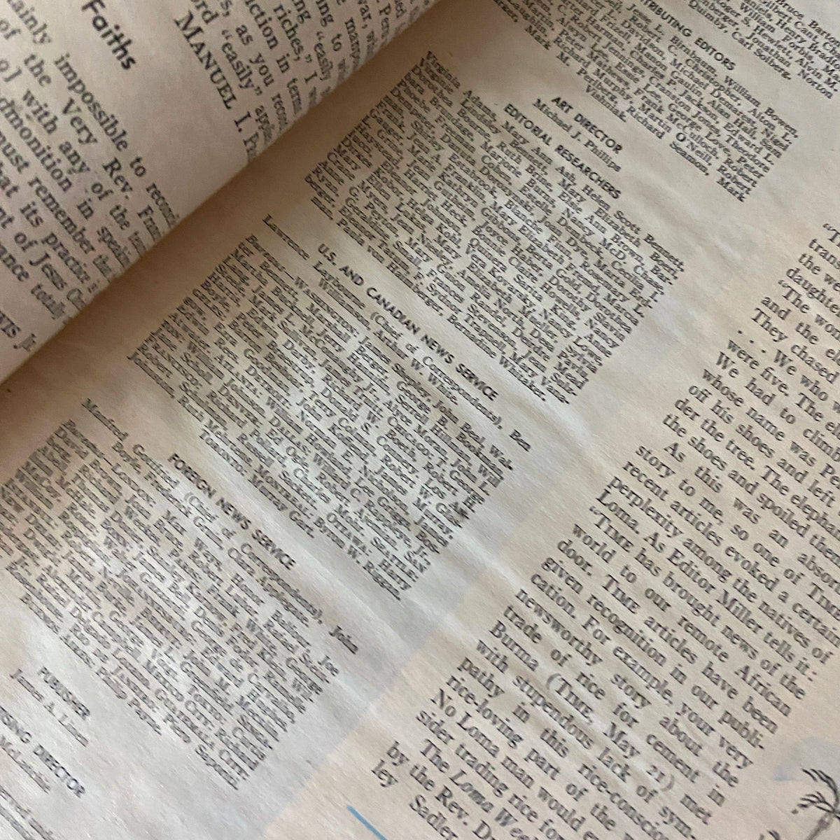 Close-up view of the U.S. and Canadian news service section from VTG Time Magazine July 30, 1956, highlighting editorial researchers and foreign news contributors.