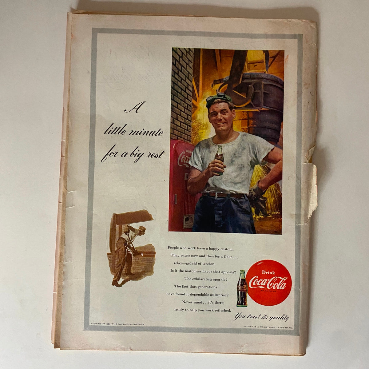 Back cover of VTG Time Magazine January 19, 1953, featuring an advertisement for Coca-Cola with an illustration of a man taking a break, emphasizing the era's advertising style.