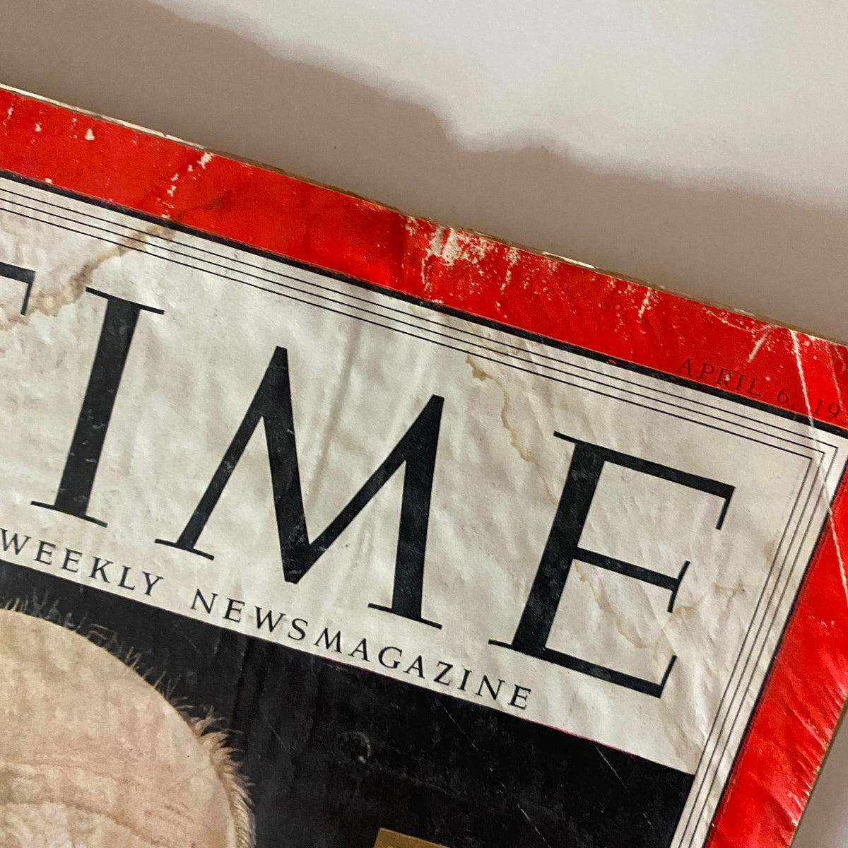 Close-up detailing the title section of VTG Time Magazine April 6, 1953, showcasing the magazine's unique texture and age.