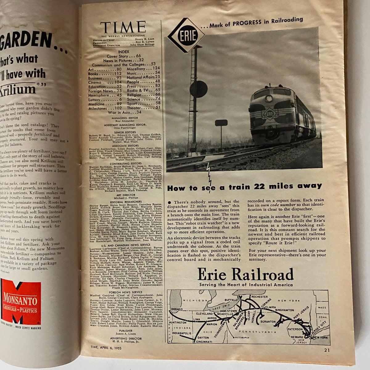 Interior page from VTG Time Magazine April 6, 1953, showcasing an article about the Erie Railroad, featuring a train and a railway sign.