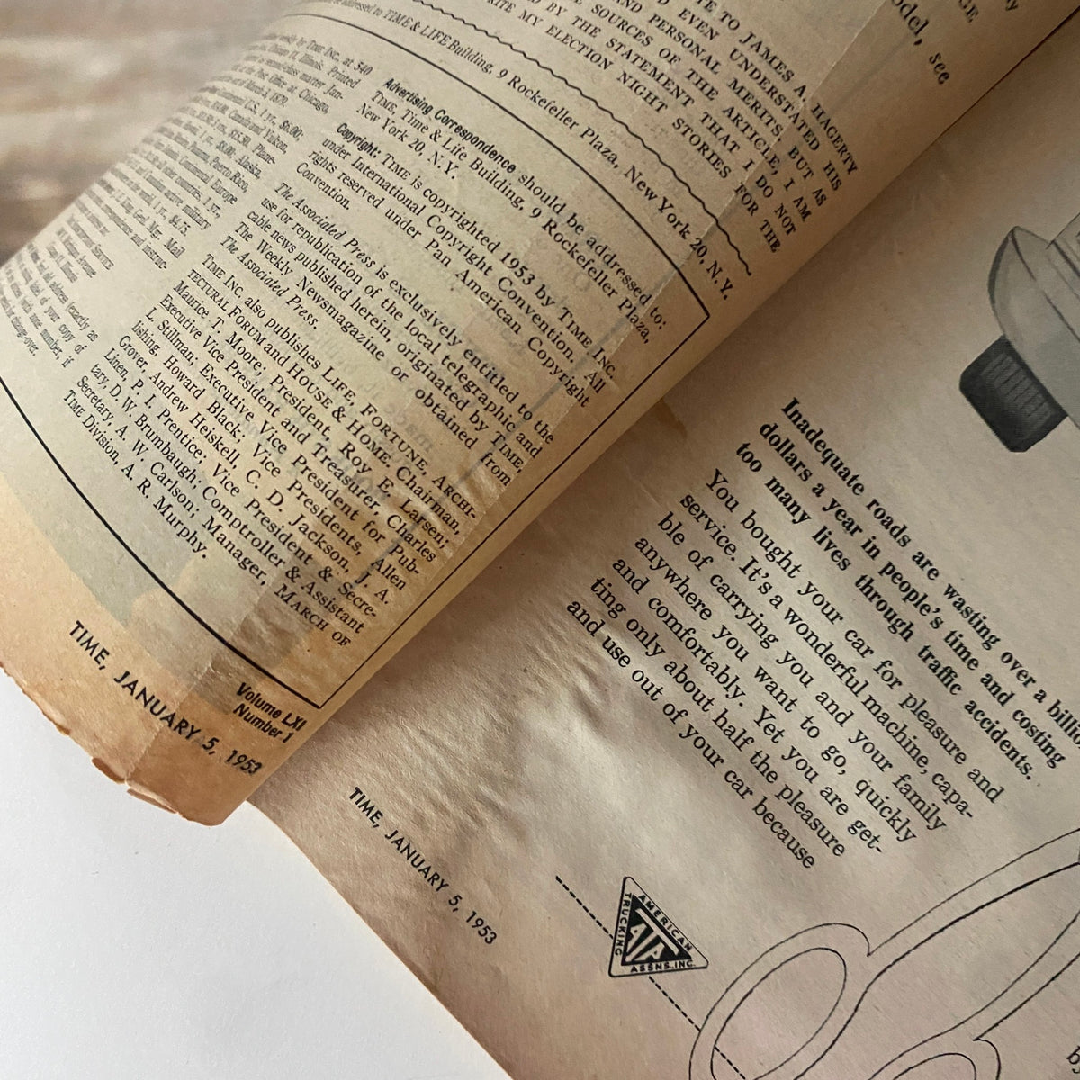 Inside page of VTG Time Magazine January 5, 1953 Vol 61 No. 1, displaying text and advertisements from the era, highlighting historical content and magazine details.
