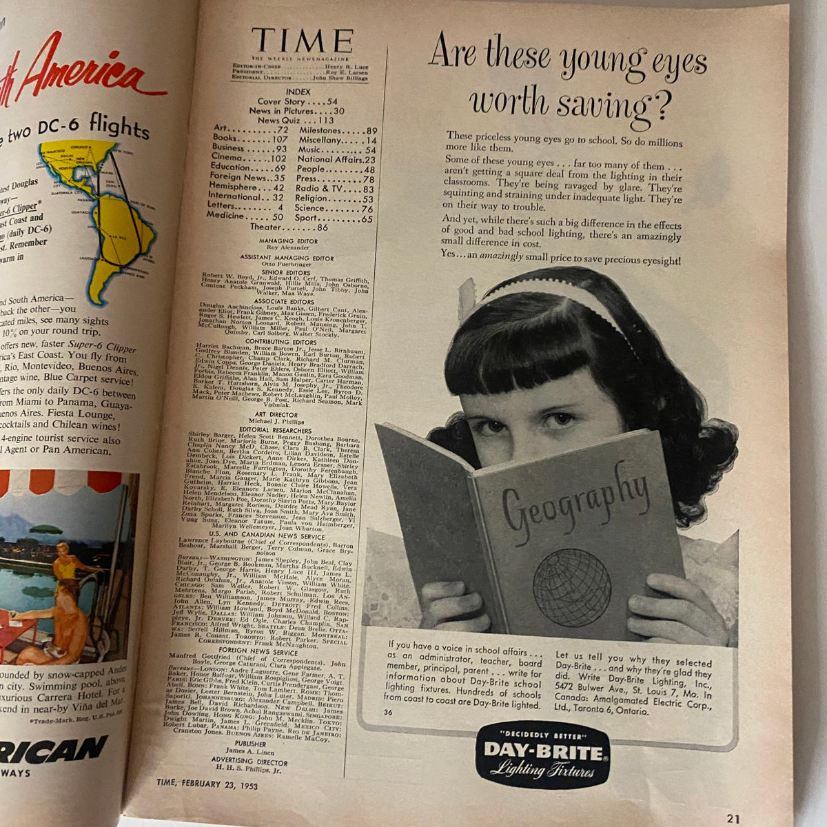 Inside page of VTG Time Magazine February 23, 1953 Vol 61 No. 8 displaying an article titled 'Are these young eyes worth saving?' with an illustration of a young girl reading a Geography book.