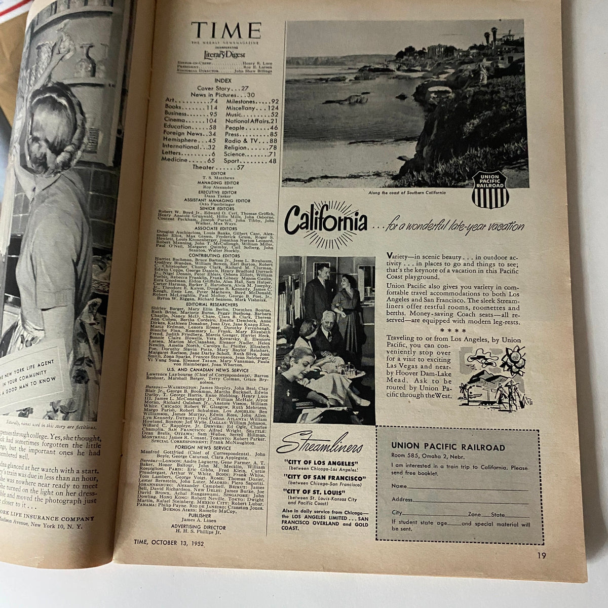 Interior page from the VTG Time Magazine October 13, 1952, displaying the index and advertisements, providing insights into the articles and features of that historical issue.
