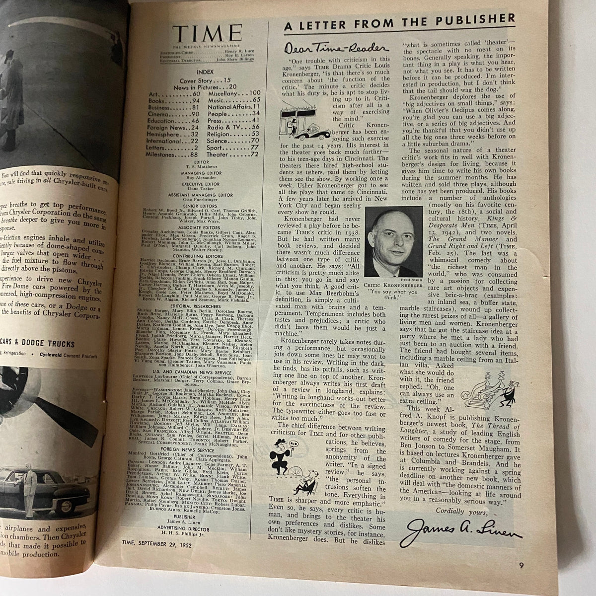 Inside page of VTG Time Magazine September 29, 1952 displaying a letter from the publisher and the magazine's index, highlighting key articles of the issue.