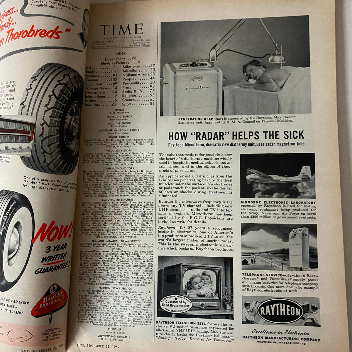 Inside page of VTG Time Magazine September 22, 1952 displaying index and articles, including 'How Radar Helps the Sick'.