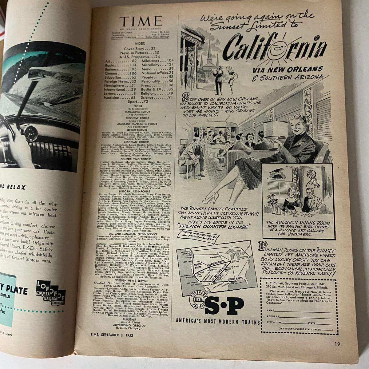 Interior page of VTG Time Magazine September 8, 1952 showing the index and articles, including a section about trains, reflecting its historical context and contents.