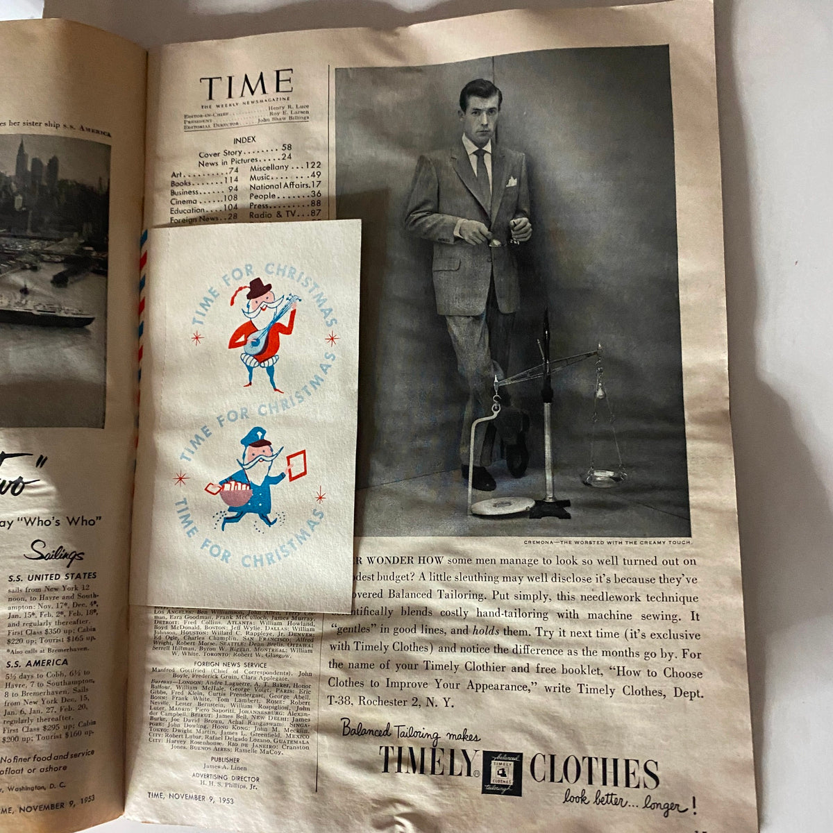 Timely Clothes advertisement showcasing a well-dressed man, promoting stylish attire, from VTG Time Magazine November 9, 1953 Vol 62 No. 19 Johnny Lattner.