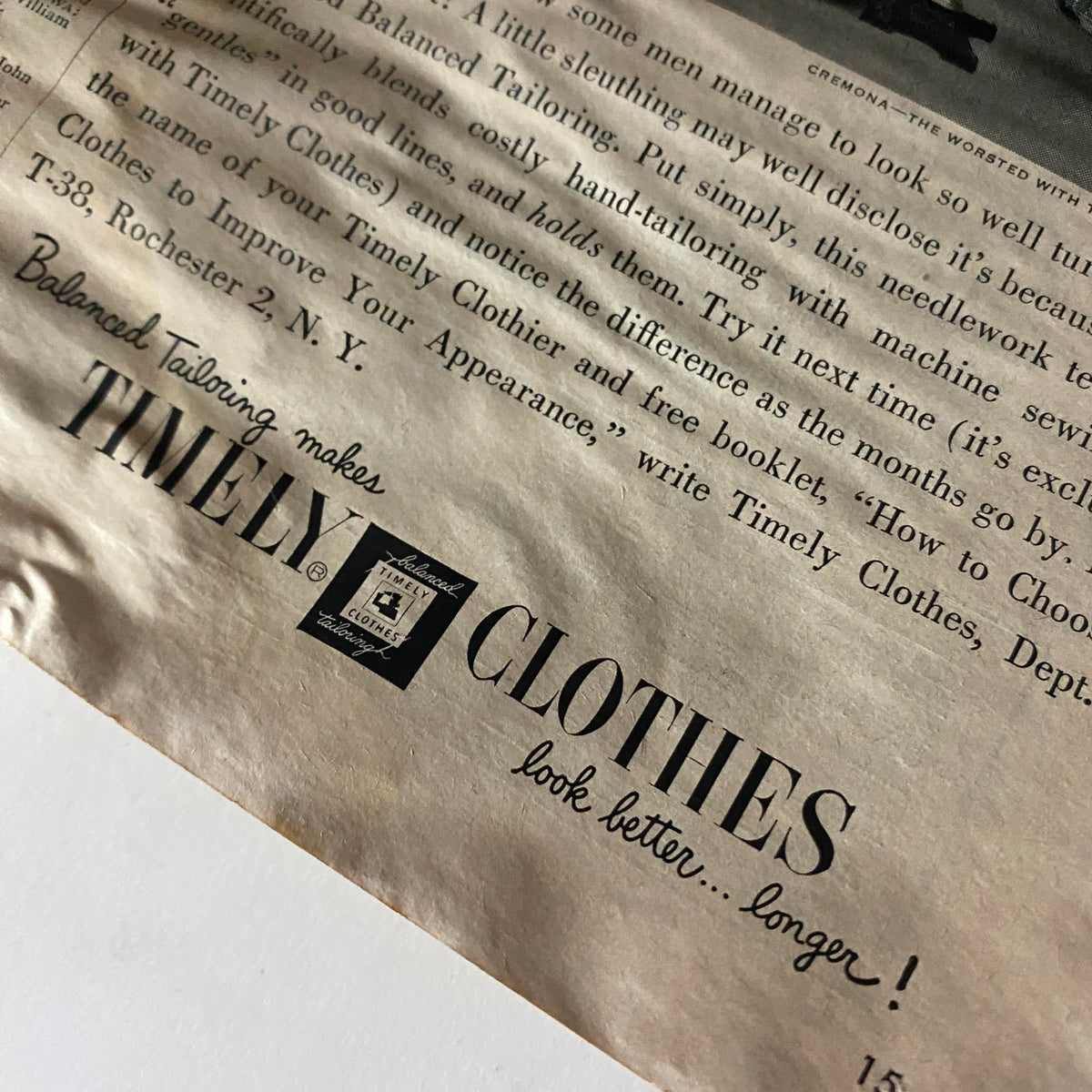 Close-up of Timely Clothes advertisement emphasizing tailored clothing, from VTG Time Magazine November 9, 1953 Vol 62 No. 19 Johnny Lattner.