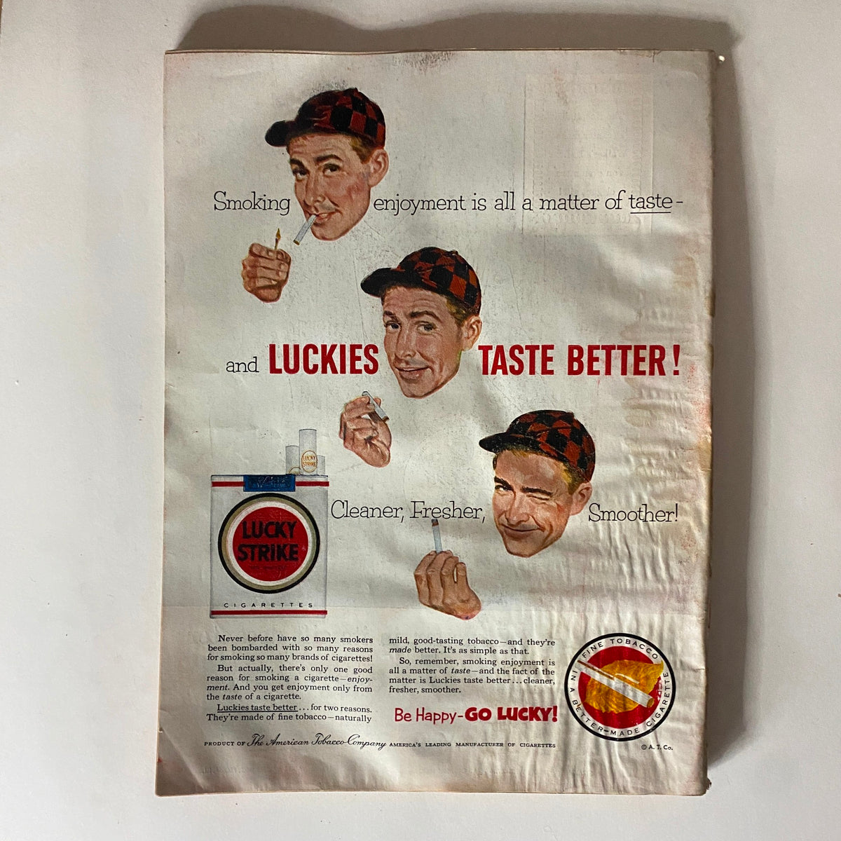 Vintage Lucky Strike cigarette ad featuring a smiling man, highlighting taste and enjoyment, from VTG Time Magazine November 9, 1953 Vol 62 No. 19 Johnny Lattner.