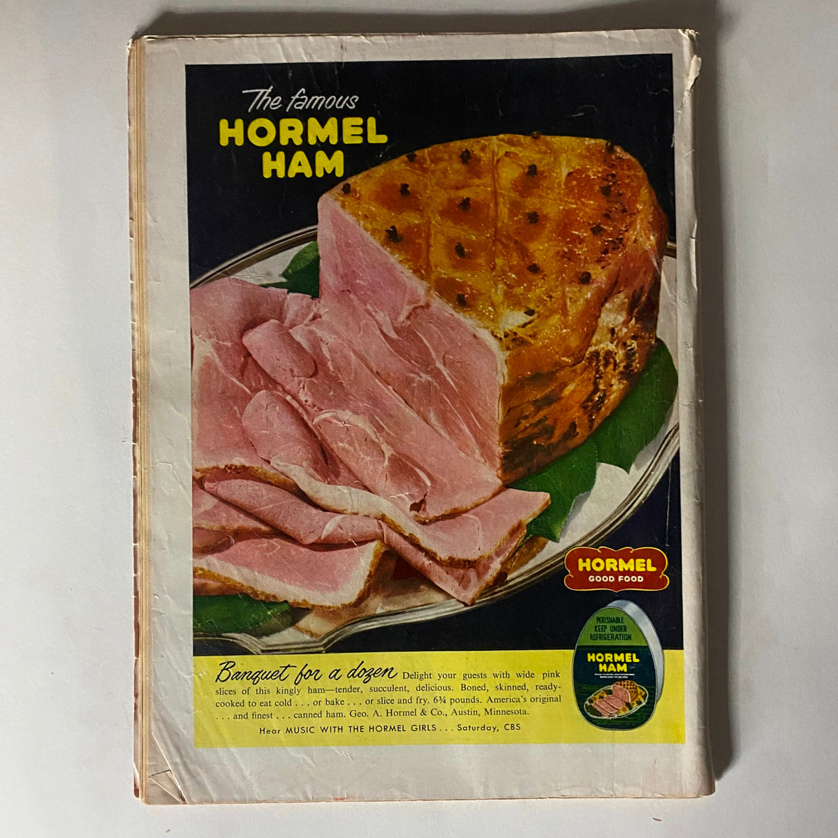 Back cover of VTG Time Magazine August 18, 1952, showcasing an advertisement for Hormel Ham with delectable food imagery.
