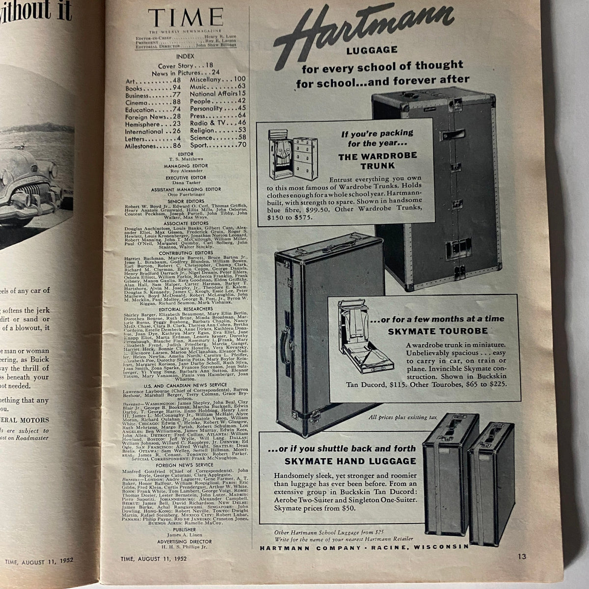 Interior page of VTG Time Magazine August 11, 1952 Vol 60 No. 6 displaying the index and an advertisement for Hartmann luggage.