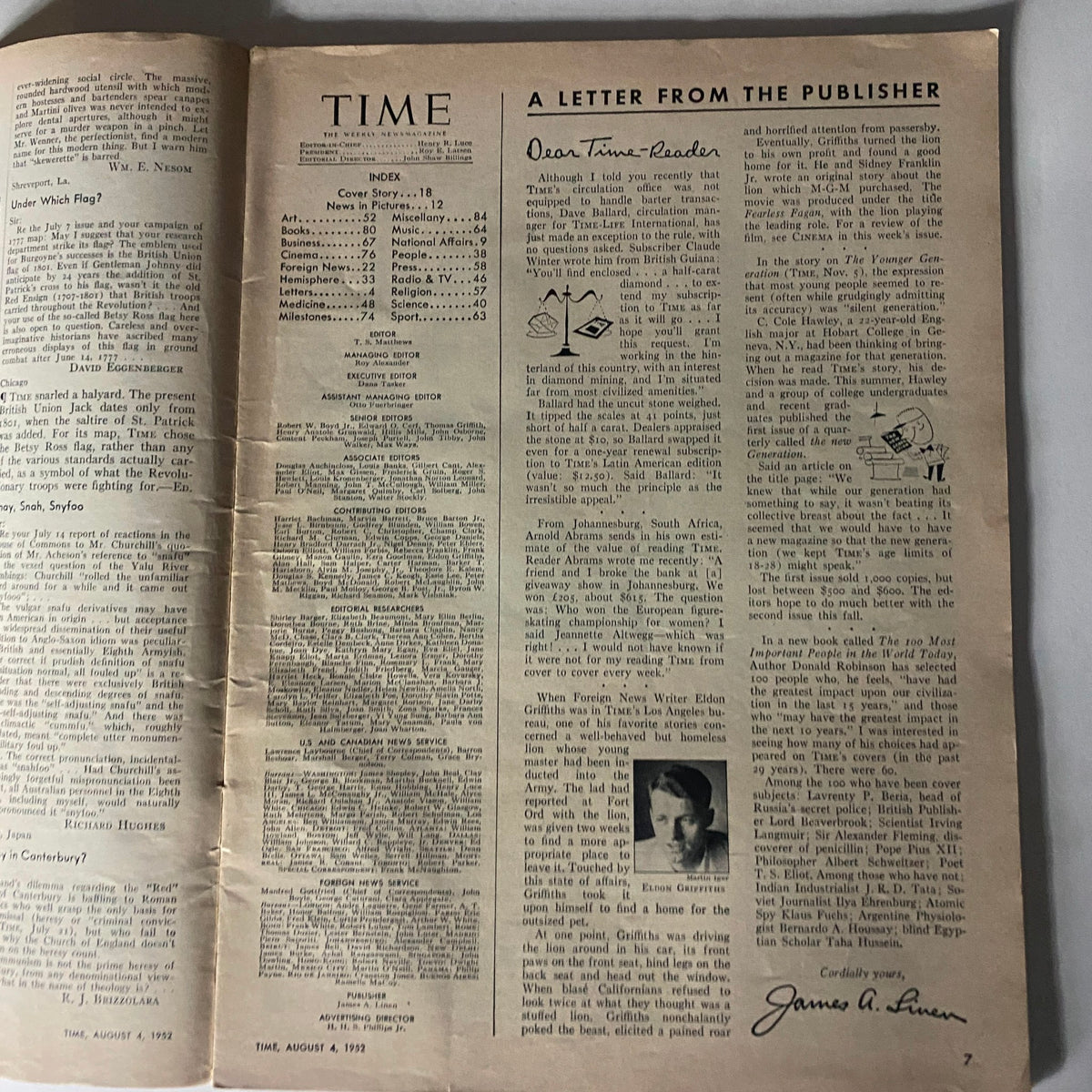 Inside page of VTG Time Magazine August 4, 1952 displaying the publisher's letter and the index of articles. An insightful glimpse into the content of this historic magazine focused on the societal issues of the time.