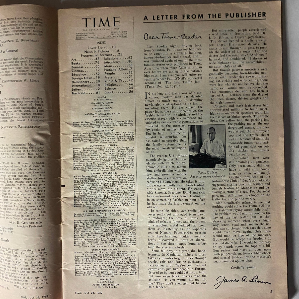 Page from Vintage Time Magazine July 28, 1952, featuring a letter from the publisher and an index of articles, showcasing historical content from the early 1950s.