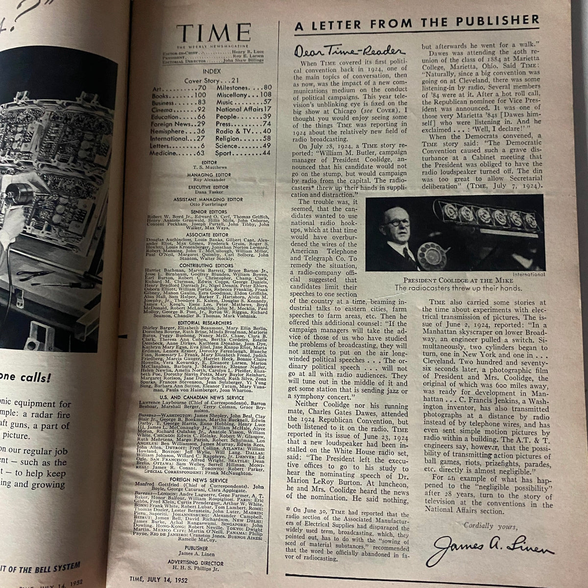 Inside page of VTG Time Magazine July 14, 1952, featuring a letter from the publisher, discussing the impact of media on politics during the 1952 convention, reflecting historical insights.