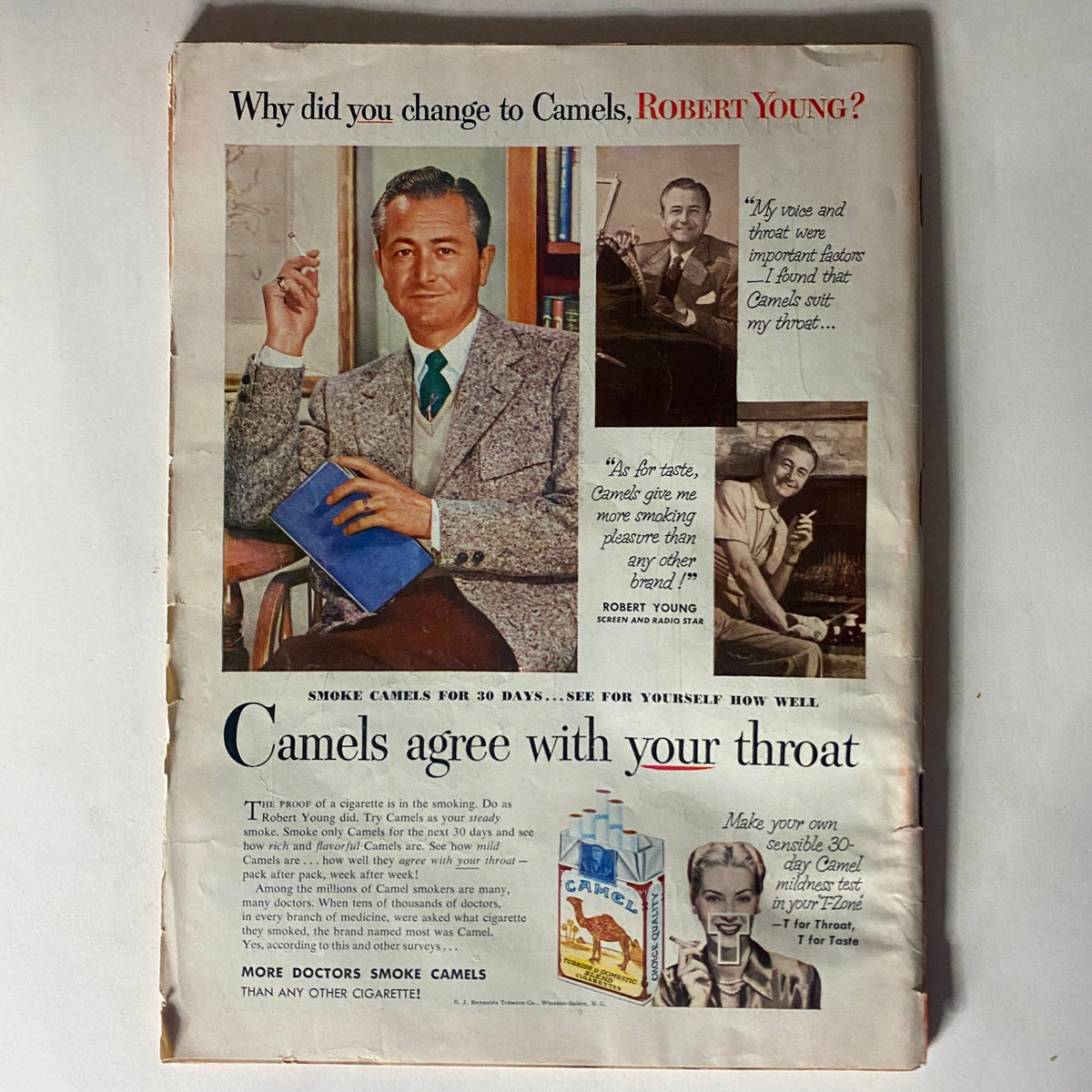 Advertisement page from VTG Time Magazine July 14, 1952 featuring actor Robert Young promoting Camel cigarettes, highlighting vintage advertising styles and societal norms of the time.