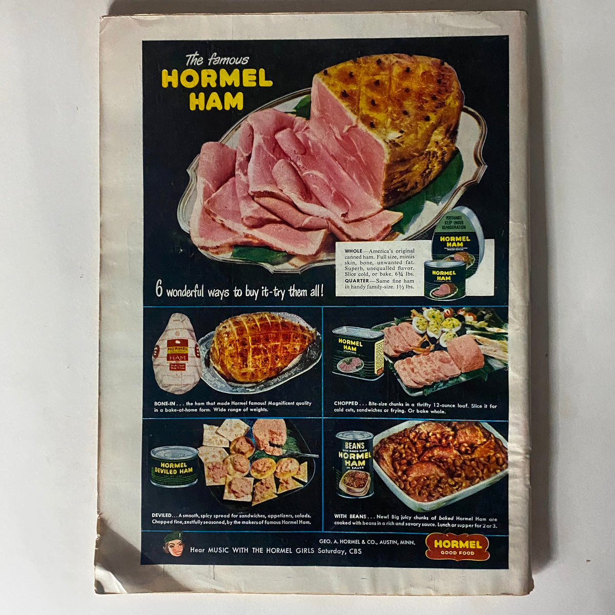 Vintage advertisement for Hormel Ham, featuring sliced ham on a platter and showcasing different ways to purchase Hormel ham products. VTG Time Magazine June 23, 1952 Vol 59 No. 25 Harry Manning of SS United States.