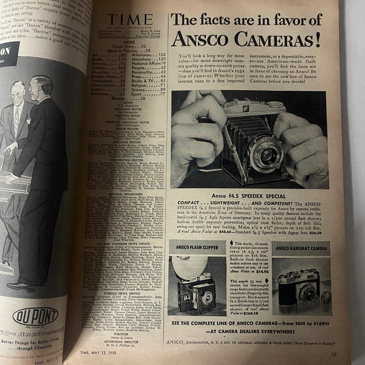 Interior page of Time Magazine dated May 12, 1952, showing advertisements and articles, including a promotion for Ansco cameras.