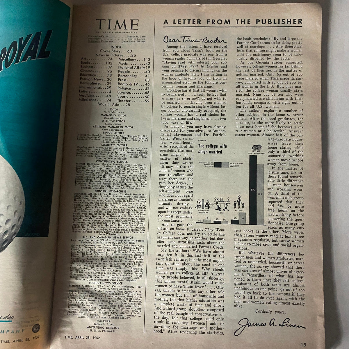 Inside page of VTG Time Magazine from April 28, 1952, including a letter from the publisher and articles reflective of the era's social context.