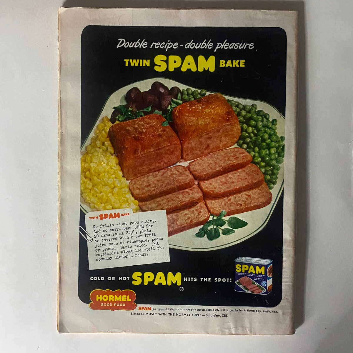 Advertisement from the inside of VTG Time Magazine April 28, 1952, promoting Twin Spam Bake with a colorful image and recipe description.