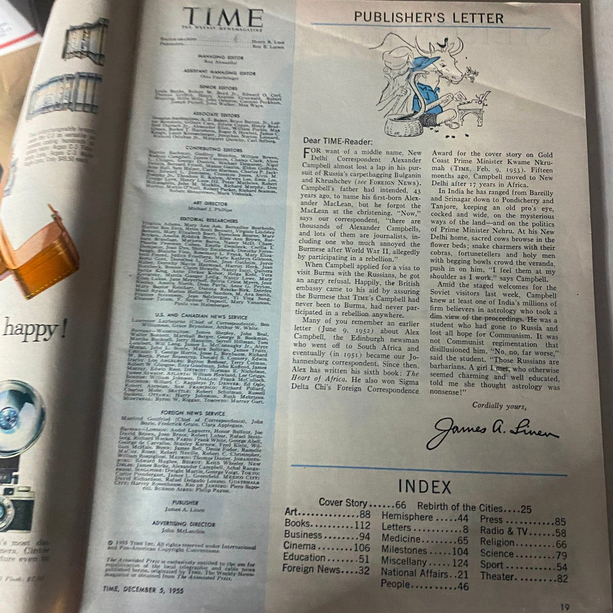 Page from VTG Time Magazine December 5, 1955 Vol 66 No. 23 Theodore F. Adams showing the Publisher's Letter and magazine index, reflecting important historical context.