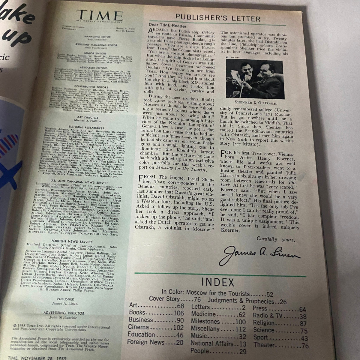 Inside page of Time Magazine November 28, 1955, displaying the Publisher's Letter, offering insights into contemporary events and editorial content.