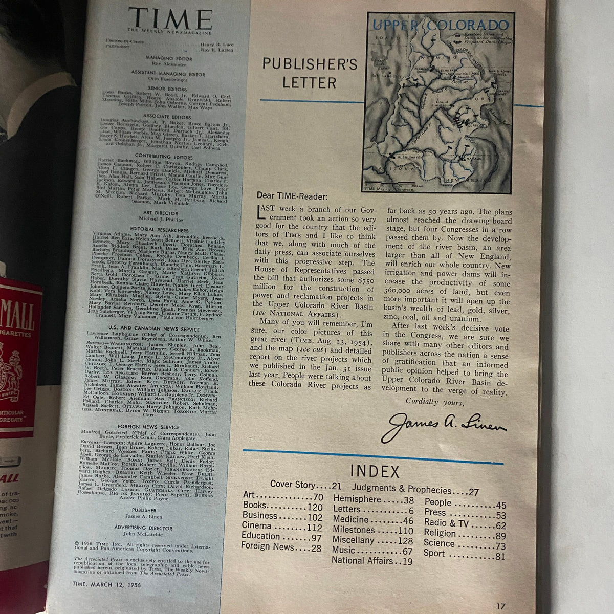 Interior page of Vintage Time Magazine March 12, 1956 showing the publisher's letter and an index of articles, providing insight into the magazine's editorial content.