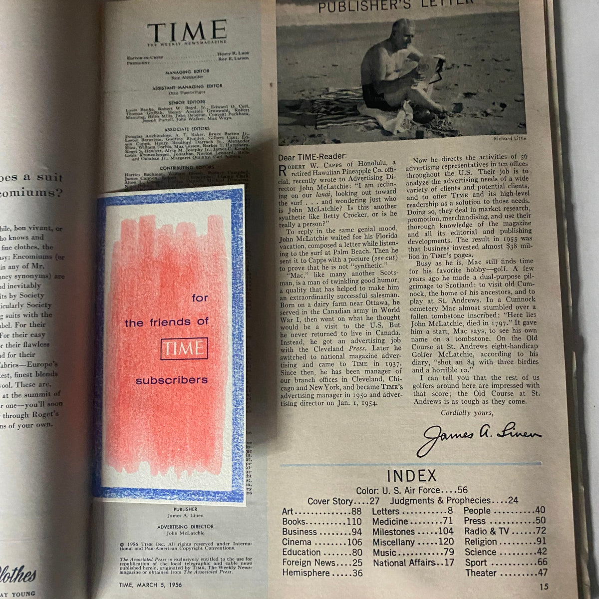 Interior page of VTG Time Magazine March 5, 1956 Vol 67 No. 10, displaying the publisher's letter and magazine index, highlighting historical context.