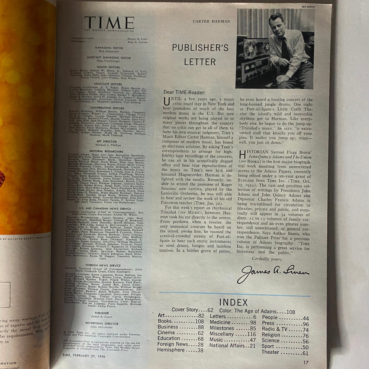 Inside page of Vintage Time Magazine February 27, 1956, showcasing the publisher's letter and editorial details.