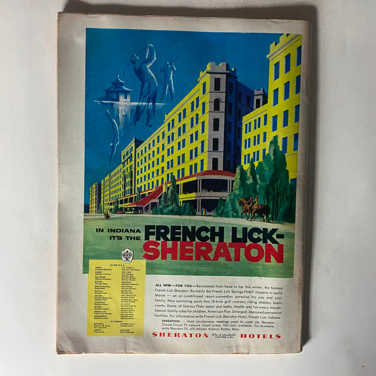 Advertisement page from Vintage Time Magazine February 27, 1956, featuring the French Lick Sheraton hotel with colorful graphics.