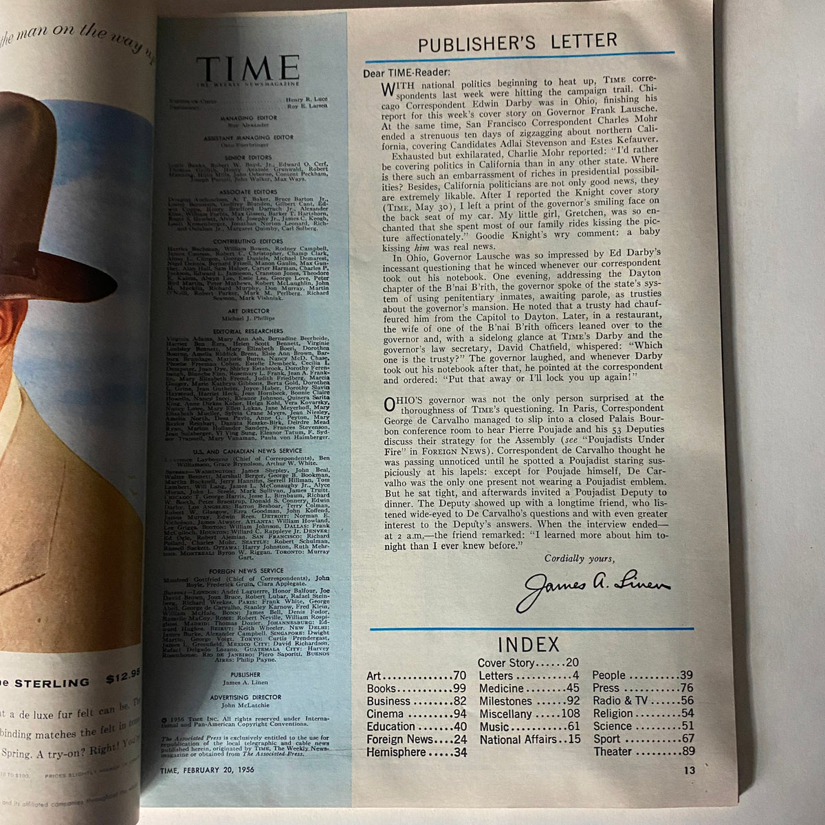 Inside page of VTG Time Magazine February 20, 1956, displaying the Publisher's Letter with editorial details and magazine index.