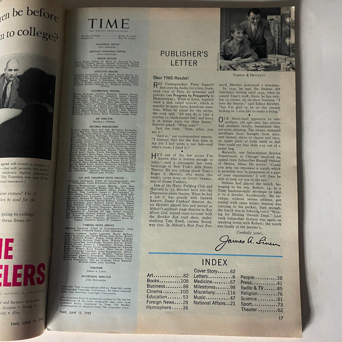 Inside page of VTG Time Magazine from June 13, 1955, displaying the publisher's letter and magazine index, reflecting the publication's historical context.