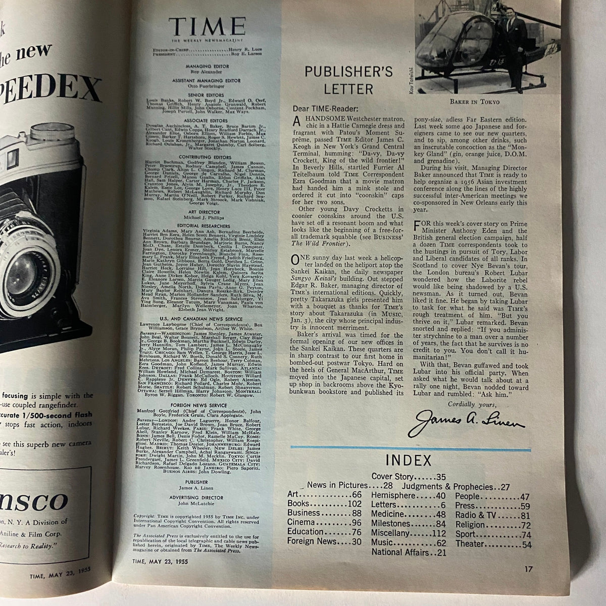 Inside page of VTG Time Magazine May 23, 1955 with publisher's letter and index of articles.