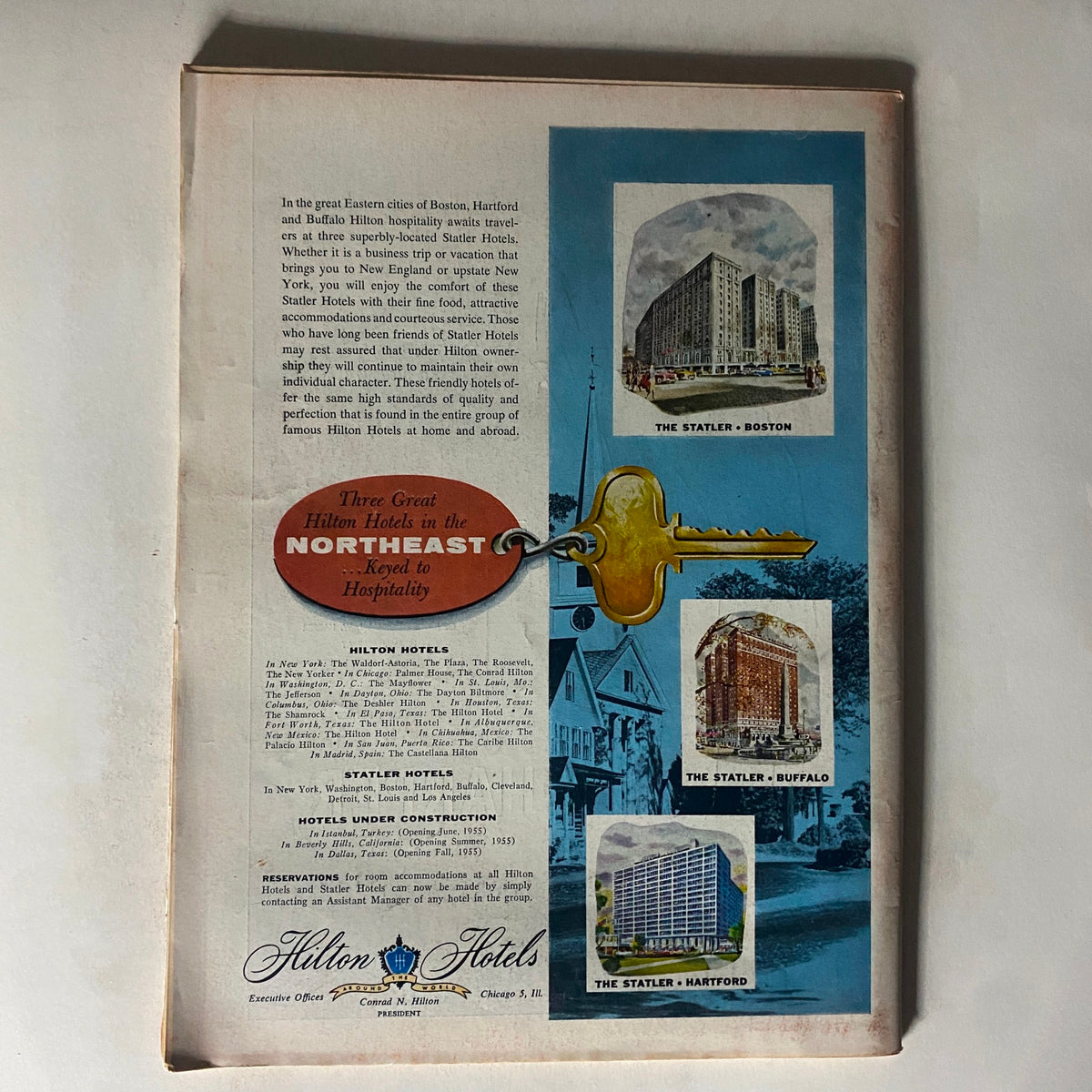 Back cover of VTG Time Magazine May 16, 1955 showcasing an advertisement for Hilton Hotels in the Northeast, highlighting The Statler Hotels in Boston, Buffalo, and Hartford.