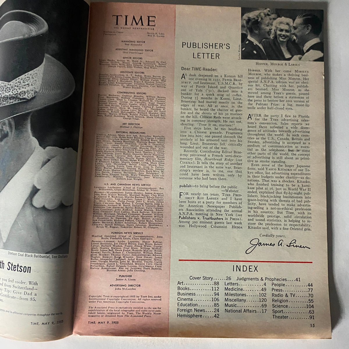 Inside page of VTG Time Magazine May 9, 1955, displaying the Publisher's Letter and editorial team information.