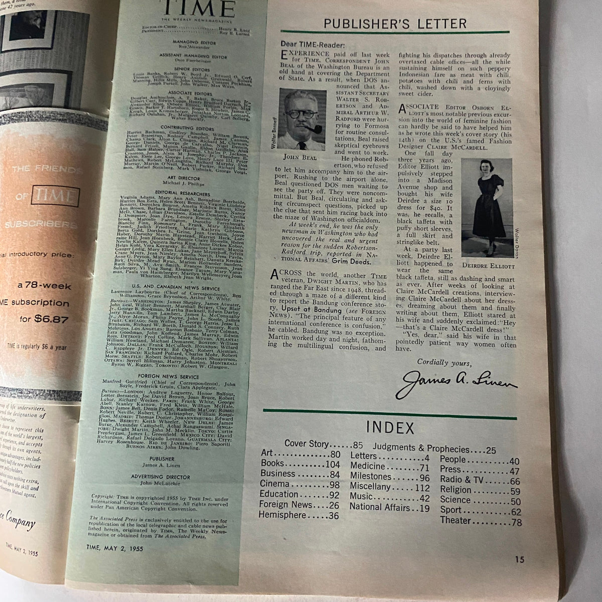 Inside page of VTG Time Magazine May 2, 1955 Vol 65 No. 18 featuring publisher's letter and index section, highlighting historical insights about the era.