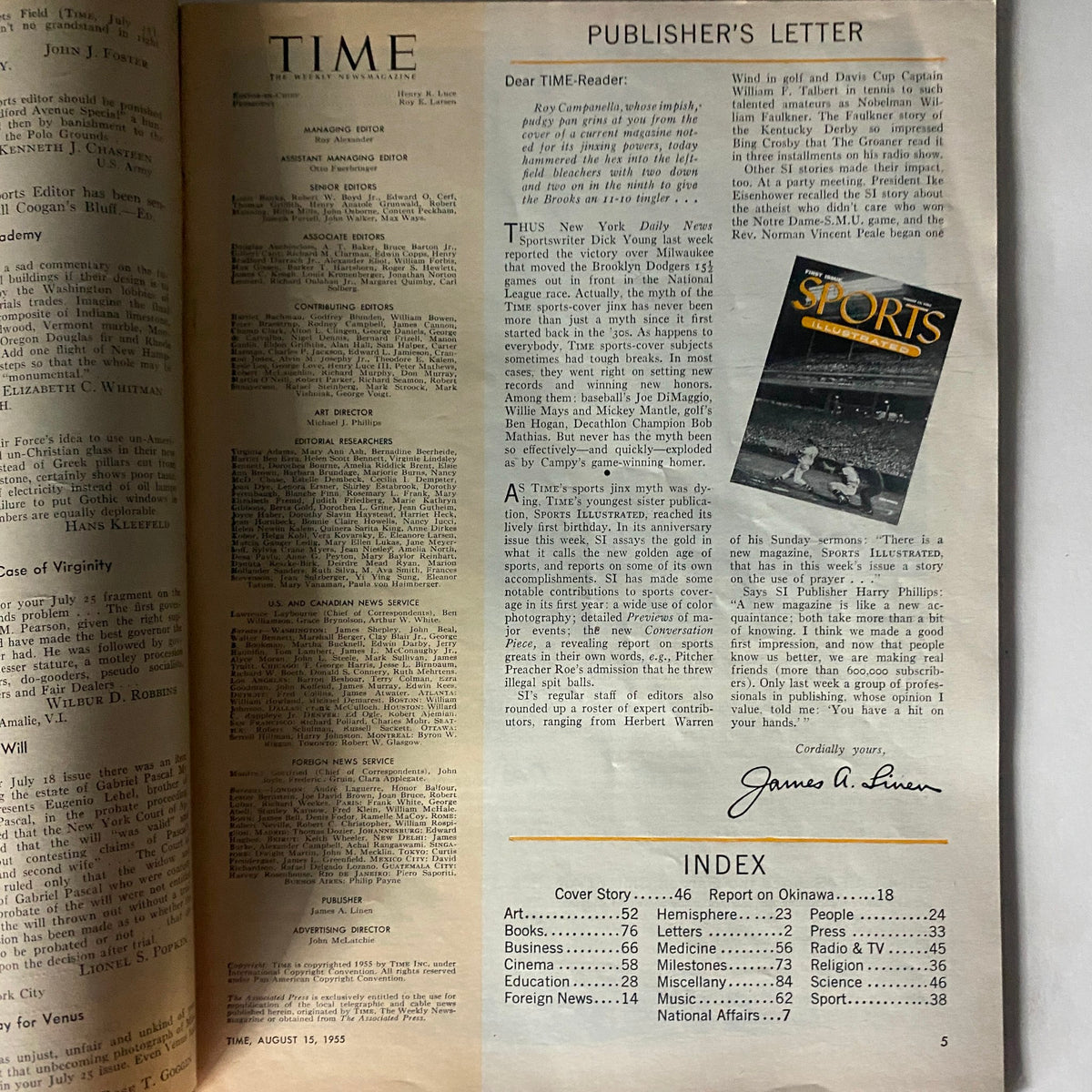 Interior page of VTG Time Magazine August 15, 1955 displaying the publisher's letter and index, offering a glimpse into the content of the magazine.