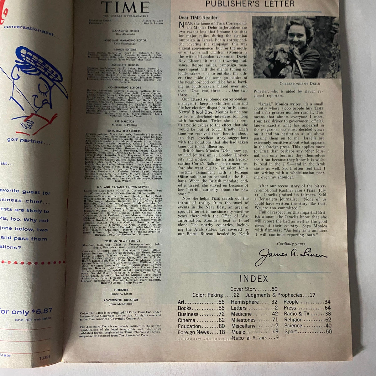 Inside page of Vintage Time Magazine August 8, 1955, showcasing the publisher's letter and editorial team details, from Vol 66 No. 6.