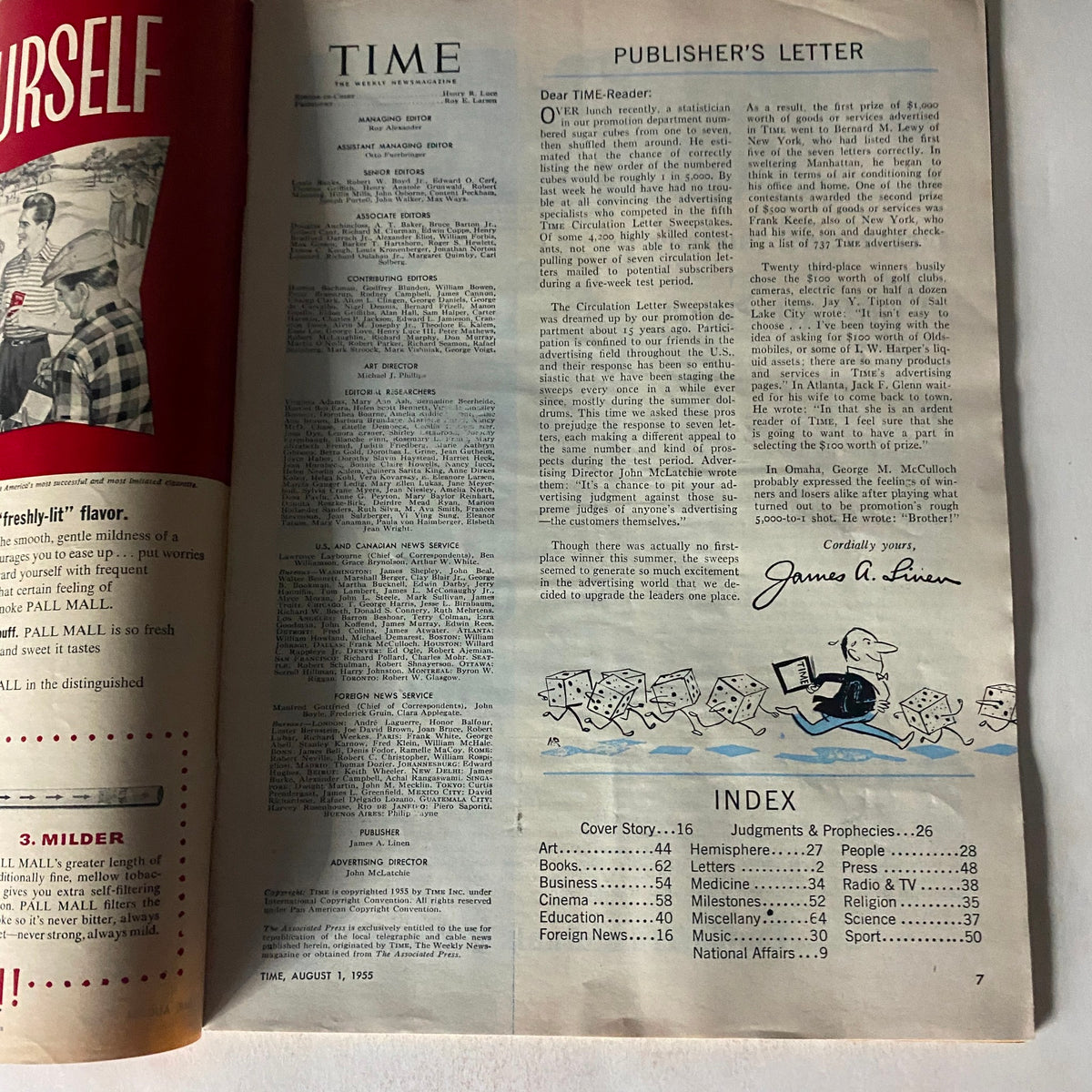 Inside page of the August 1, 1955 Time Magazine, displaying the publisher's letter and index, showcasing editorial content and layout.